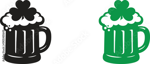 Irish Beer Mug with Shamrock Foam, Saint Patrick’s Day Pub Drink Vector Icon