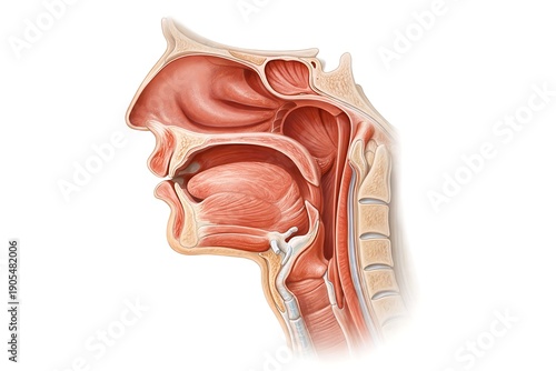 Human Head and Neck Sagittal Section Anatomy Illustration - Respiratory and Digestive System Cross-Section
