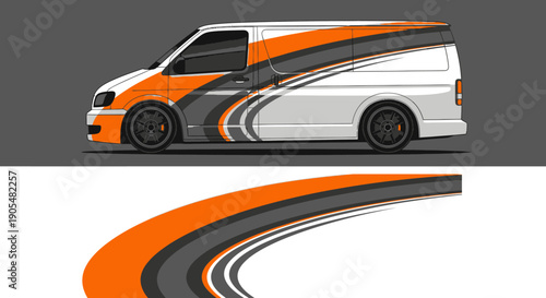 Stylized orange and gray racing van with sweeping graphic swoosh design for transport.