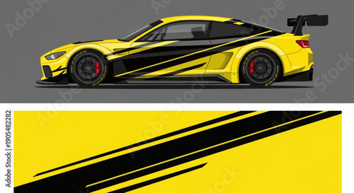 Vibrant yellow and black high-performance racecar with sleek aerodynamic styling and graphic accents.