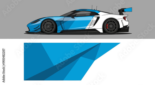 Blue and white race car on gray background with geometric accents and sporty design.