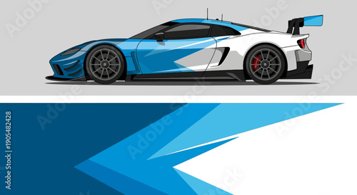 Blue race car profile highlighting aerodynamic design and spoiler.