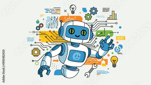 Cartoon Robot Illustration with Various Symbols.