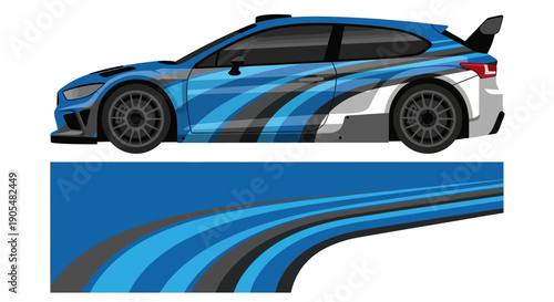 Blue race car with stylized wave decals and dynamic graphic wrap illustration asset.