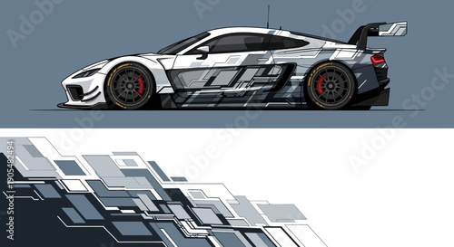 Sleek white and blue racecar silhouette with aero design and aggressive stance.