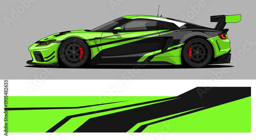 Bright green racing car silhouette with bold black graphic stripes for transport imagery.