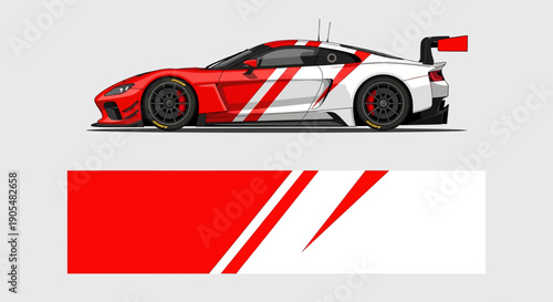 Red and white race car with bold graphics and sleek design.