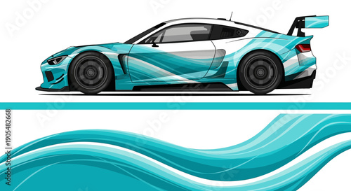 Blue turquoise sports car with flowing wave banner design and dynamic energy.