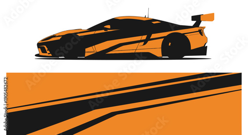 Stylized orange and black race car silhouette speeding along a striped road with dynamic motion.