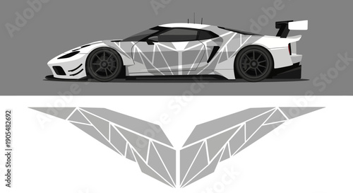 White race car with geometric polygon design and matching abstract wing motif.