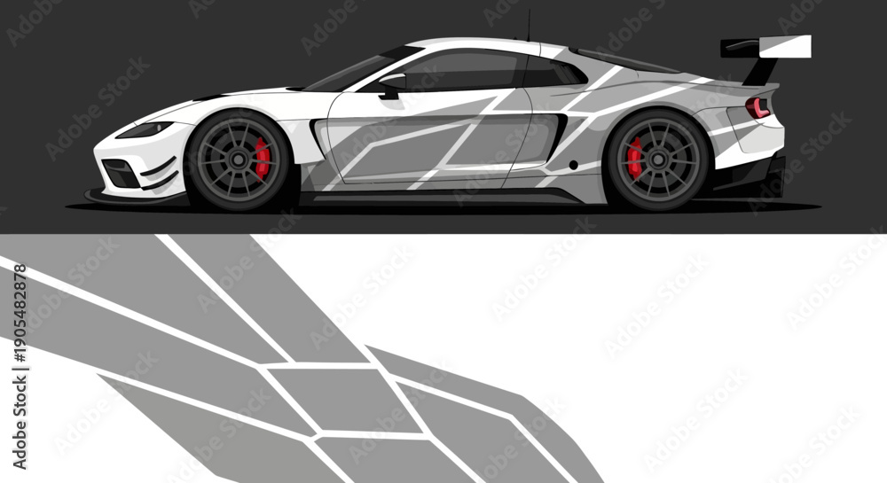 Fototapeta premium Sleek white race car with geometric graphics on dark background for dynamic automotive motion.