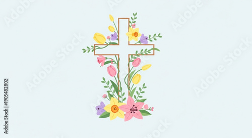 Floral cross illustration with pastel flowers and greenery on white background symbolizing faith and spirituality