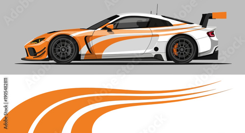 Orange and white race car graphic with flowing curves and dynamic motion.
