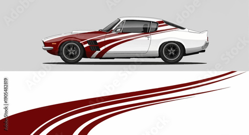 Red and white convertible sports car with racing stripes on a light gray background.