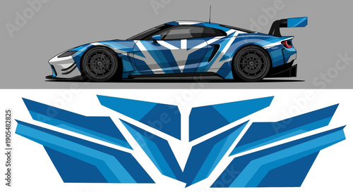 Blue and white racing car with bold graphic livery and accompanying logo emblem.