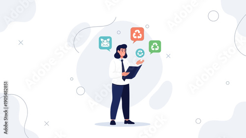 Woman Juggling Eco-friendly Icons: Recycling, Email, and Communication