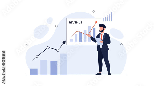Businessman analyzing revenue growth chart with upward trend arrow