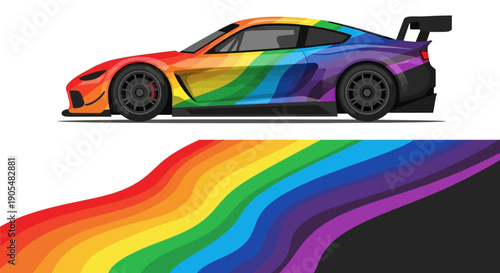 Colorful Rainbow Race Car with Dynamic Graphics and Speedy Swoosh.