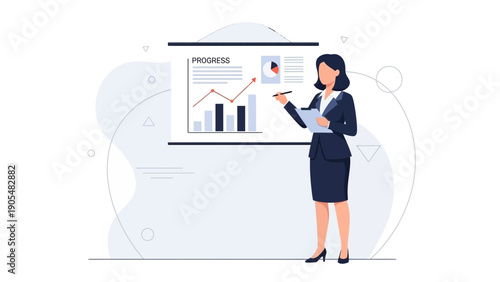 Businesswoman presenting progress report with charts and graphs on whiteboard