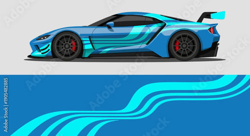 Blue sports car with flowing wave graphics showcased in a sleek modern design.