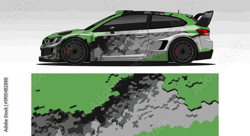 High speed green and black racecar beside an abstract landscape motif with bold aerodynamic design.