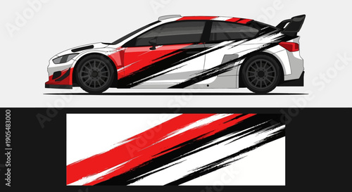 Sporty race car with red, black and white graphic wrap side profile.