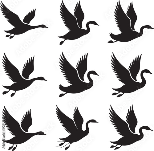 Collection of flying duck silhouettes in various positions