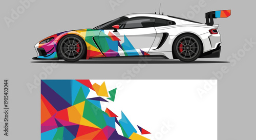 Colorful Geometric Wrap on a Sleek Sports Car with Abstract Art Design.