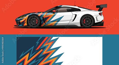 Vibrant race car illustration with bold zigzag patterns and split color blocks.