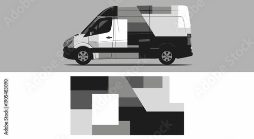 Stylized black and white van illustration with geometric shapes and negative space.