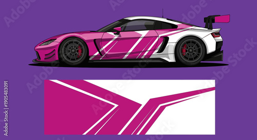 Vibrant purple racecar with pink graphics and rear wing on a bold purple background.