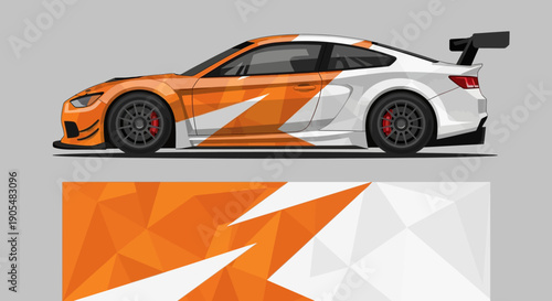 Geometric orange and white racecar with bold livery and sleek design on track.