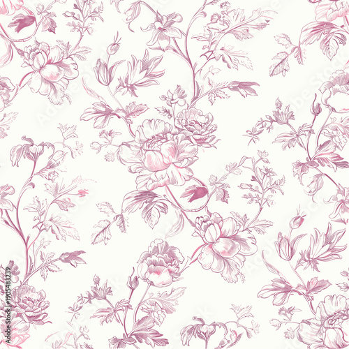 Pink toile floral seamless pattern 