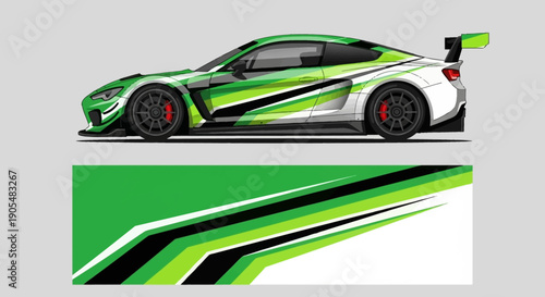 Green racing sport car with bold black and white graphics and aerodynamic design.