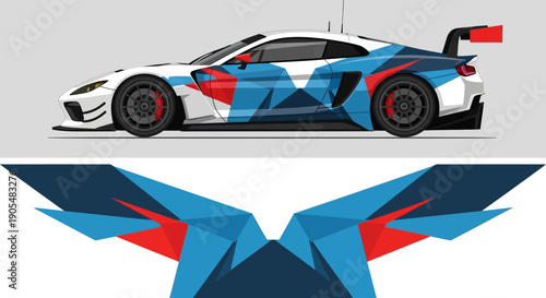 Dynamic blue and red star-themed racecar with bold graphic livery and aerodynamic design.