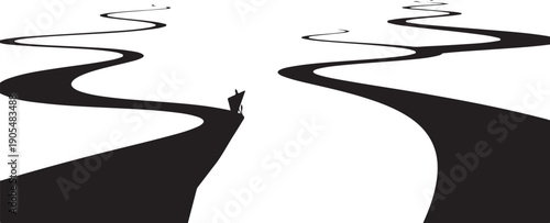 Person standing at crossroads with multiple winding paths ahead