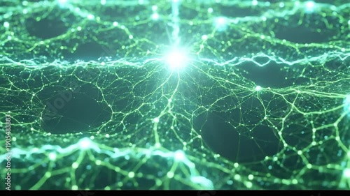 Abstract Neural Network with Glowing Connections and Bright Light Bursts, AI and Technology Concept.