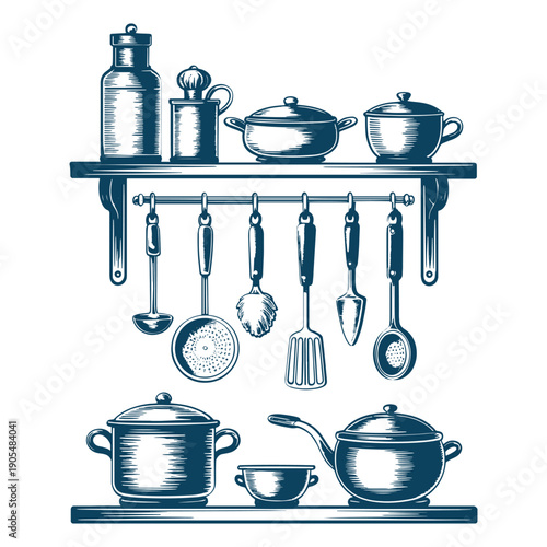 Kitchen Tools Laurel Wreath Decorative Line Art Illustration