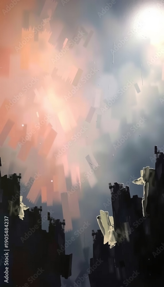 Obraz premium A vibrant sunset over the urban landscape ignites a fire in the sky where factory smoke and clouds mingle above city buildings and water, blending nature with industrial pollution and light
