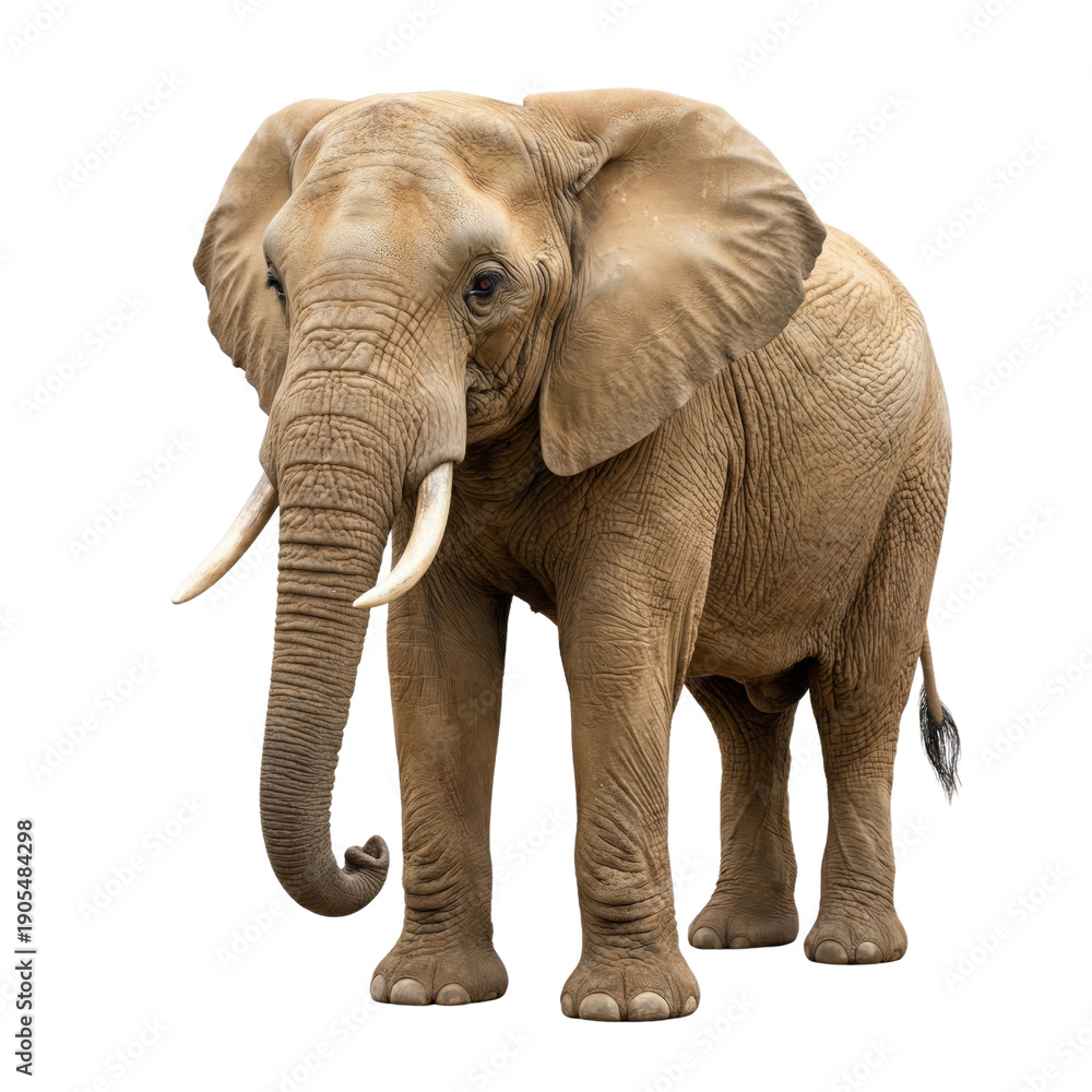 Fototapeta premium African elephant full body front view with ivory tusks and wrinkled brown-gray skin, isolated on white background