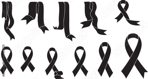 Black awareness ribbons and bows on white background