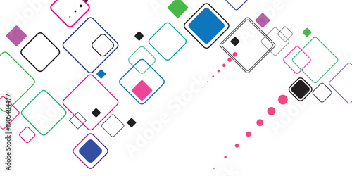 Abstract geometric background with colorful outlined and filled squares and dots creating a dynamic modern design.