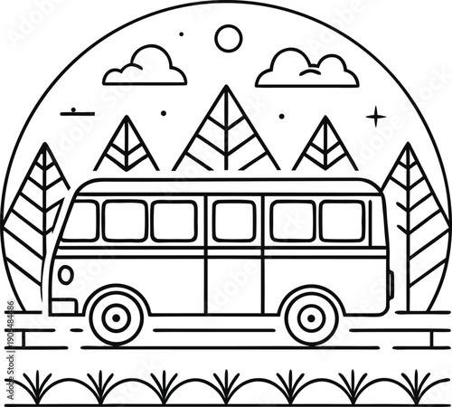 mountainous landscape,bus,pine trees,clouds,nature,line art,minimalist,geometric,black and white