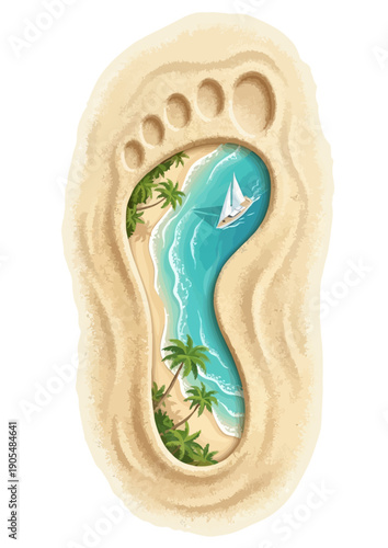 Tropical beach scene inside sandy footprint concept. Human footstep in sand revealing hidden paradise illustration. Dream vacation concept: tropic island, sailboat, palms, ocean. Summer holiday travel