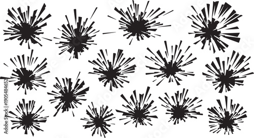 Black explosion splatters on white background abstract design elements
