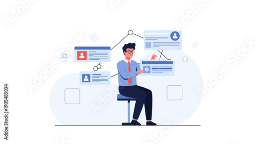 Businessman analyzing data on virtual screens, career planning, online profile management