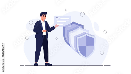 Businessman holding document with layered shield protection, security concept