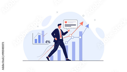 Businessman walking on rising graph, business growth, success, strategy, financial analytics