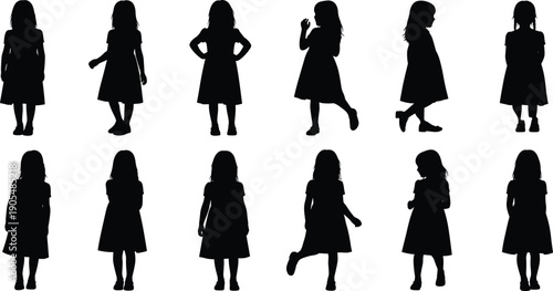 Black girl silhouette icons set featuring young children in dresses with various poses isolated on white background for school and childhood design.