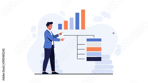 Businessman pointing at rising graph and data chart, business analytics concept